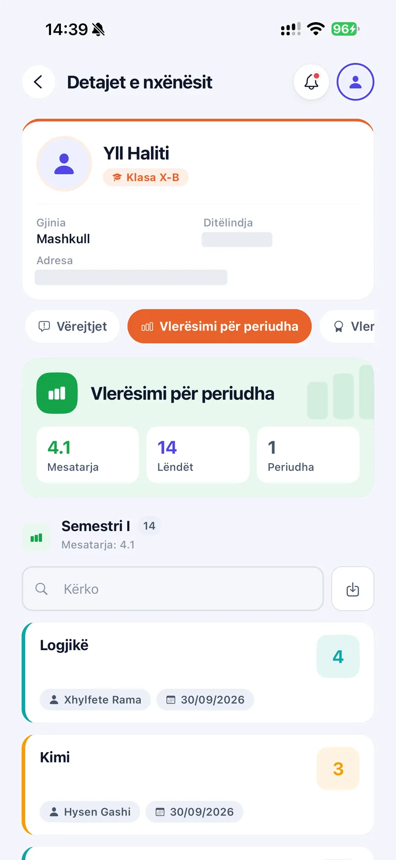 Shkolla360 student details on mobile showing period grades: an average of 4.1 across 14 subjects, with each subject's grade and teacher.