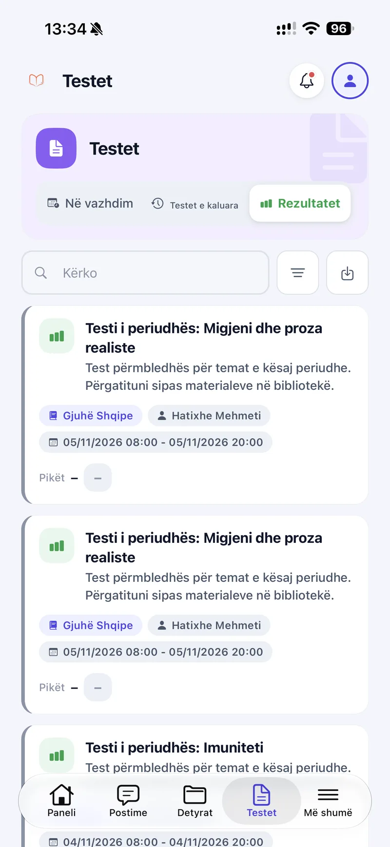 Shkolla360 student tests screen with ongoing, past and result tabs and test cards showing subject, teacher and time window.