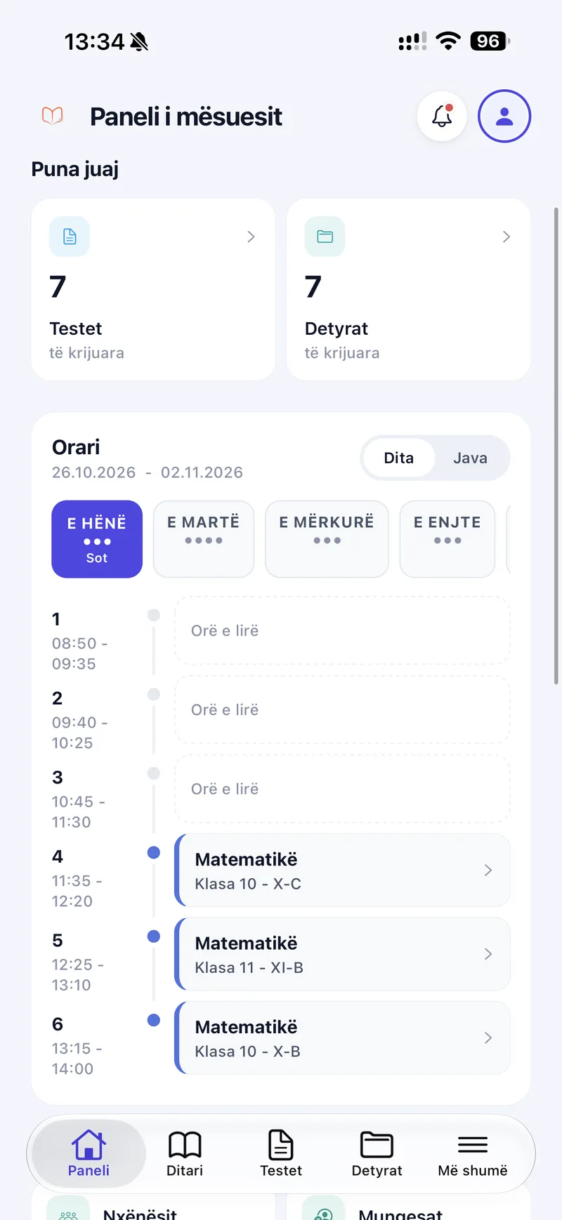 Shkolla360 teacher dashboard on mobile showing created tests and assignments and today's lessons with free periods.