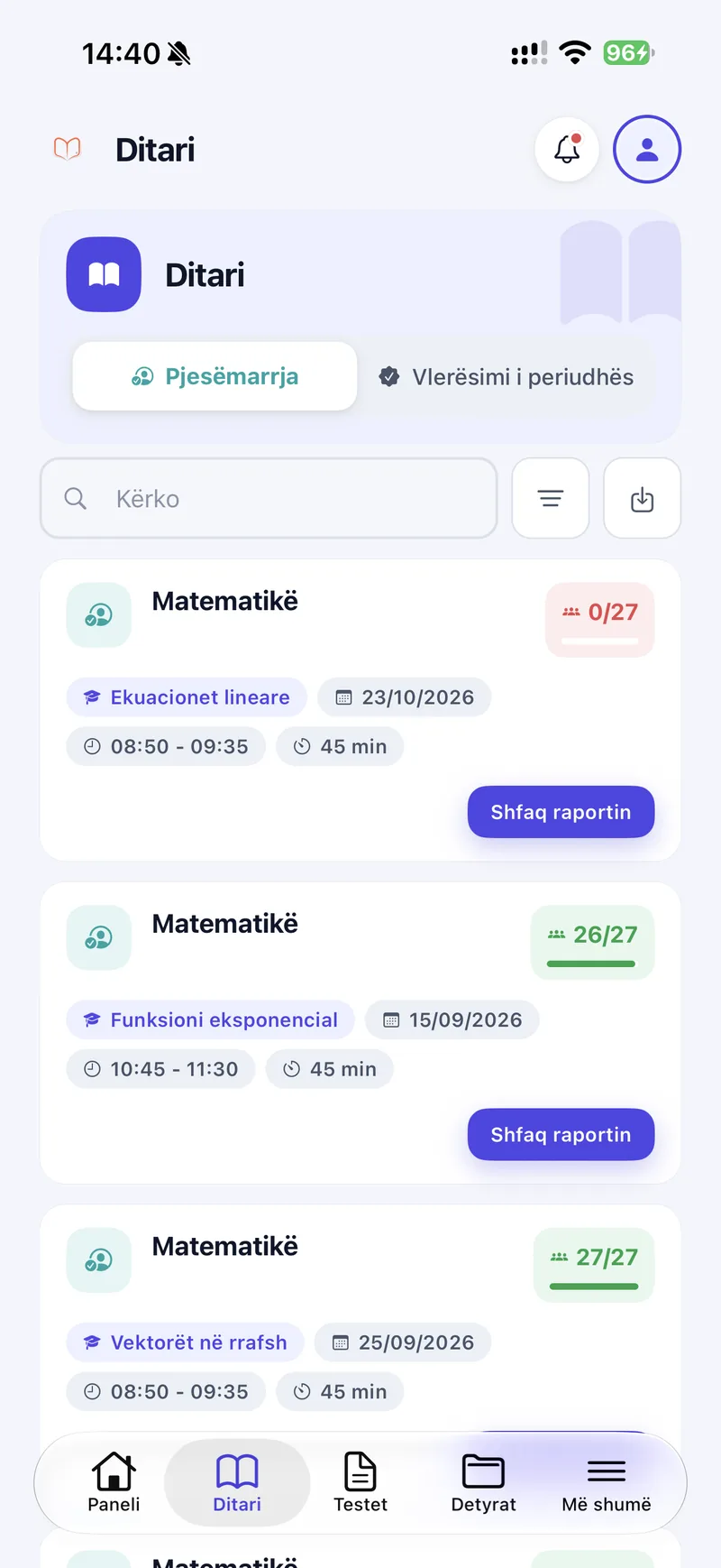 Shkolla360 class register on mobile listing Mathematics lessons with topic, date, time and attendance such as 26 of 27 students.